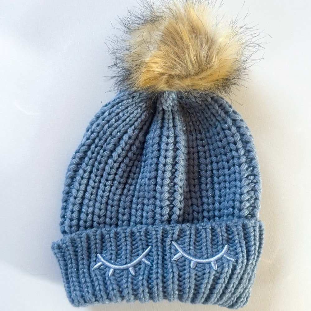 Blue Knit Kids Winter Hat w/ Pom Pom